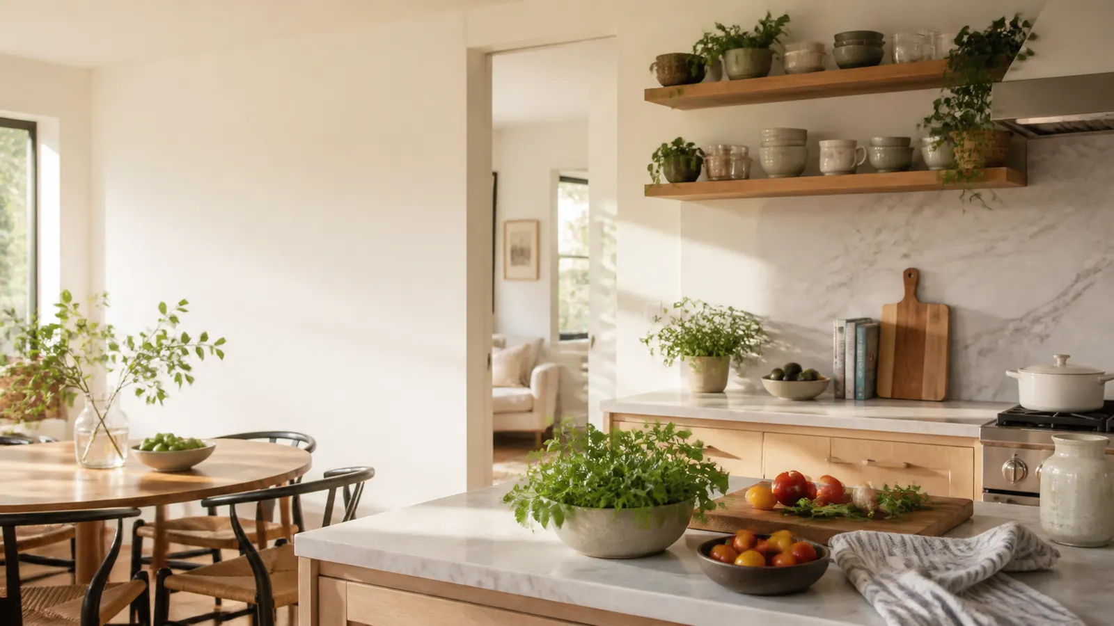 Sunlit organized kitchen with plants and simple dishes